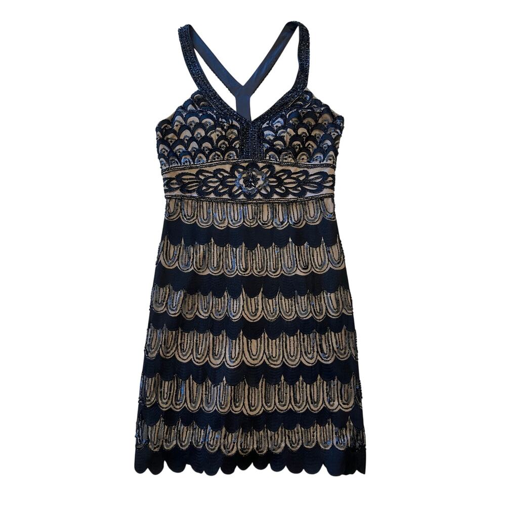 NWT Sue Wong Nocturne Beaded Sequin Art Deco Cocktail Dress Black Nude 12